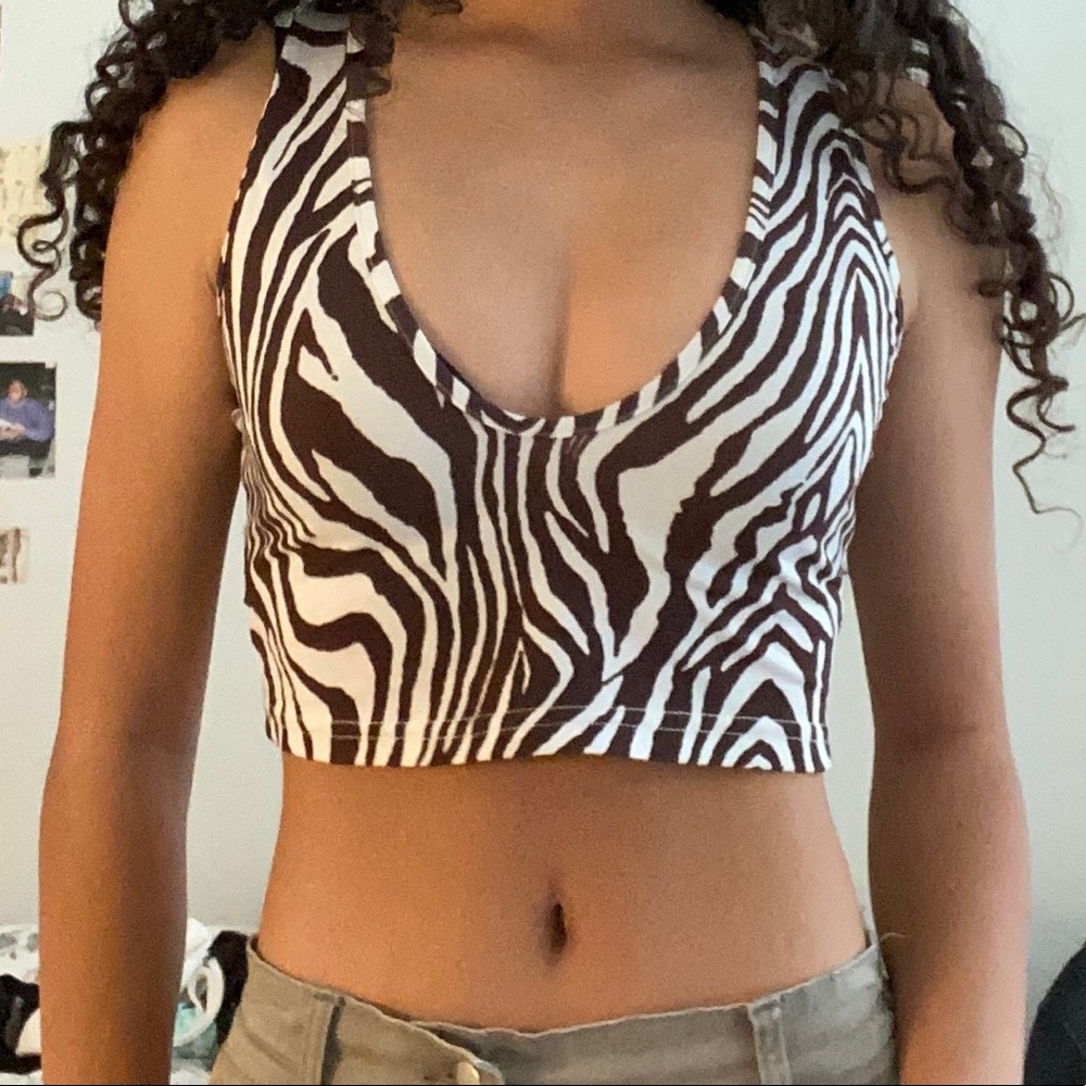 brown zebra print v neck crop top